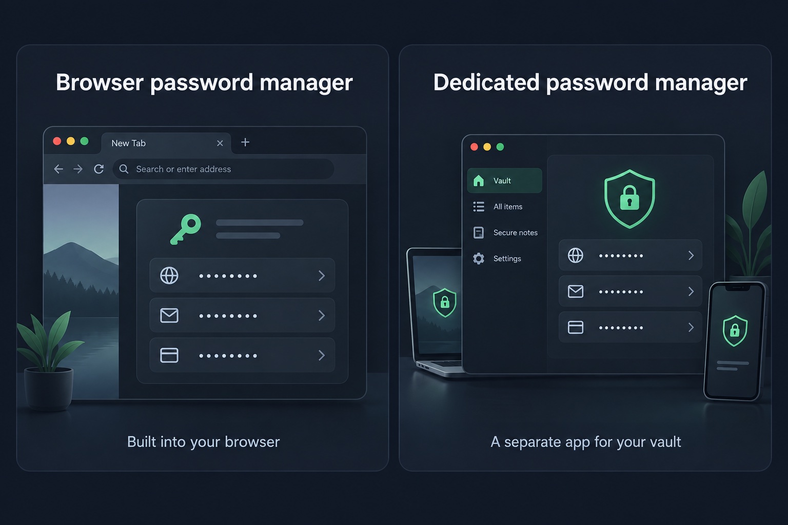 Side-by-side comparison of a browser password manager and a dedicated password manager app