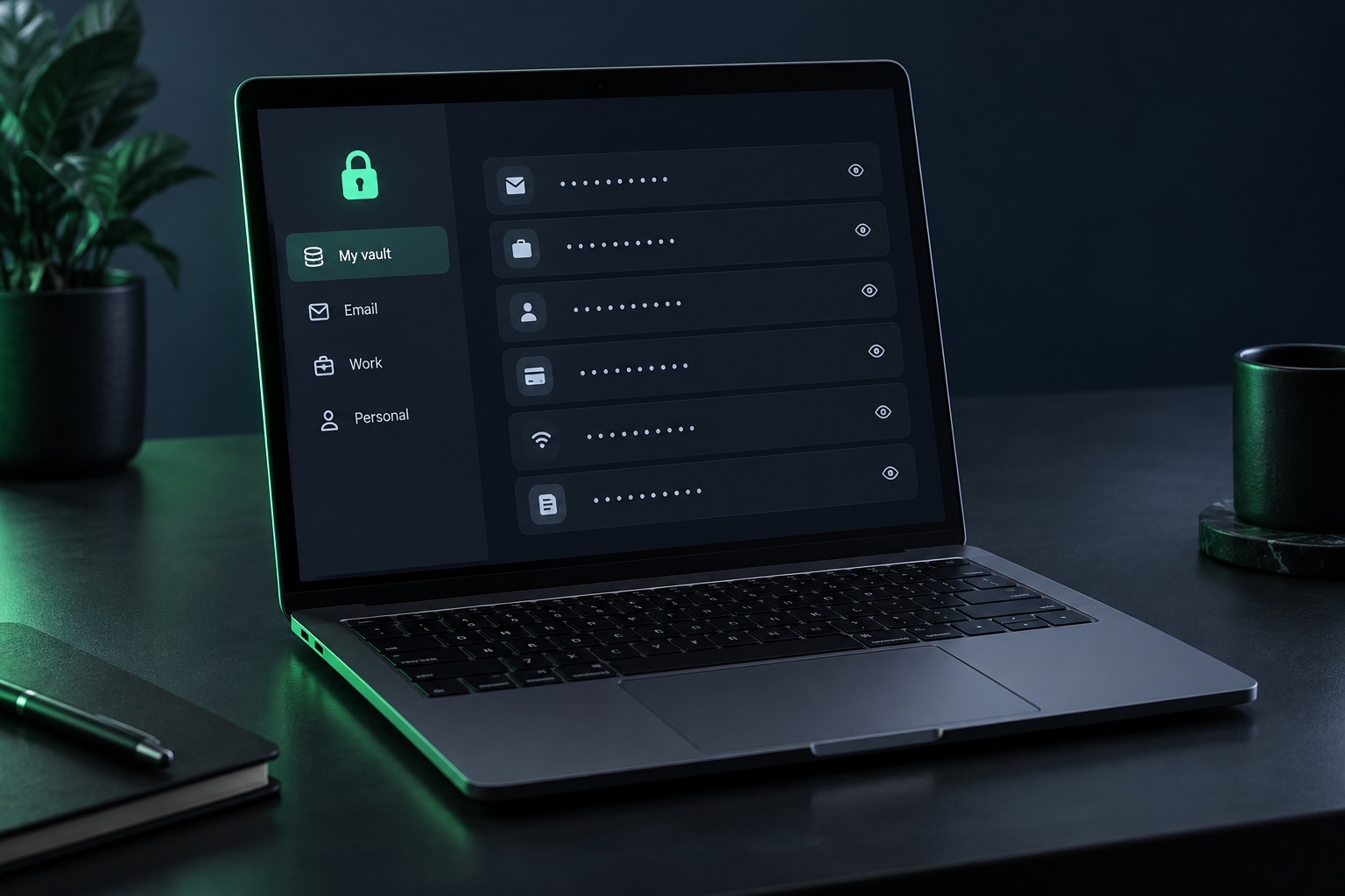 A laptop screen showing a password manager vault interface with a lock icon