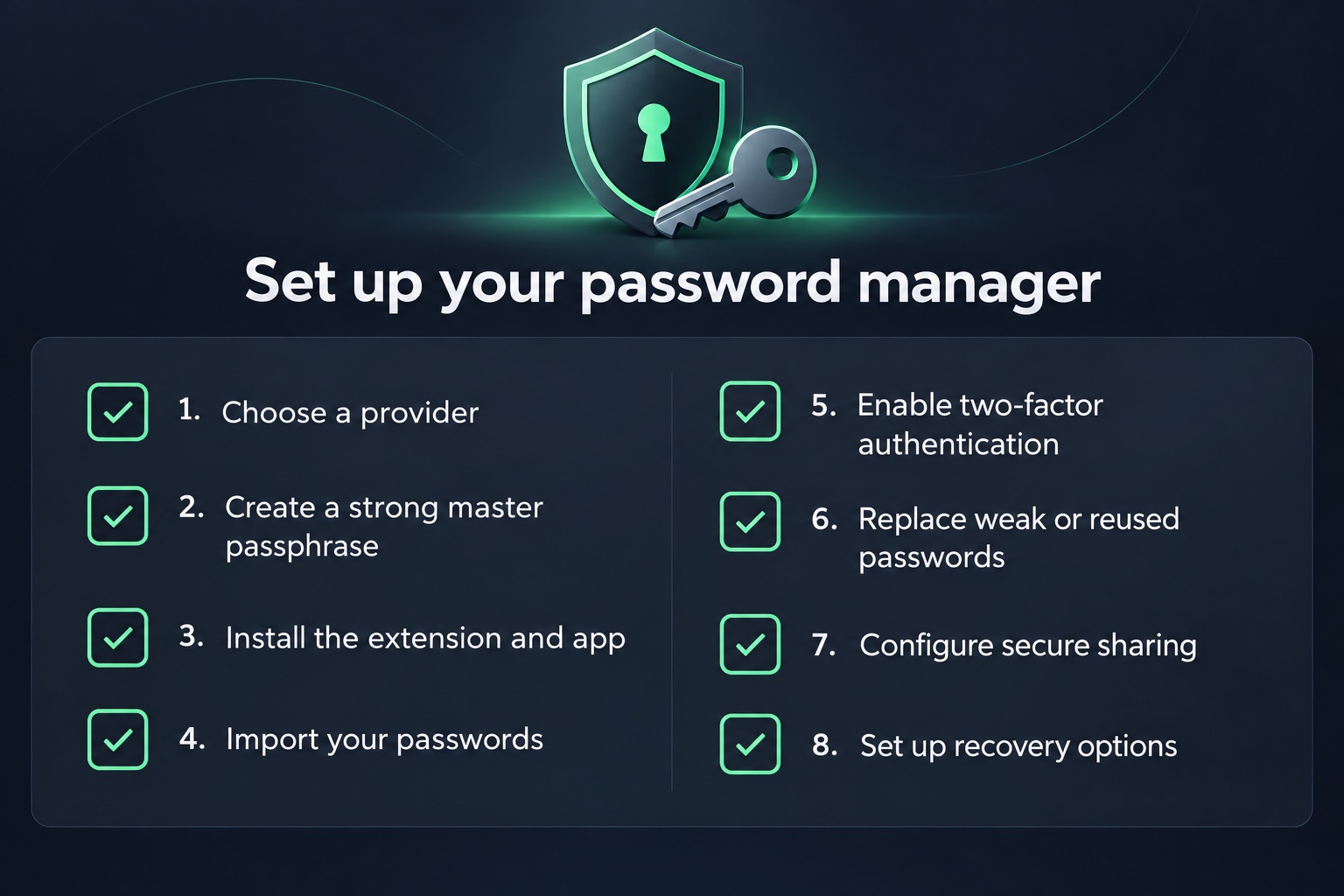 Checklist graphic for setting up a password manager